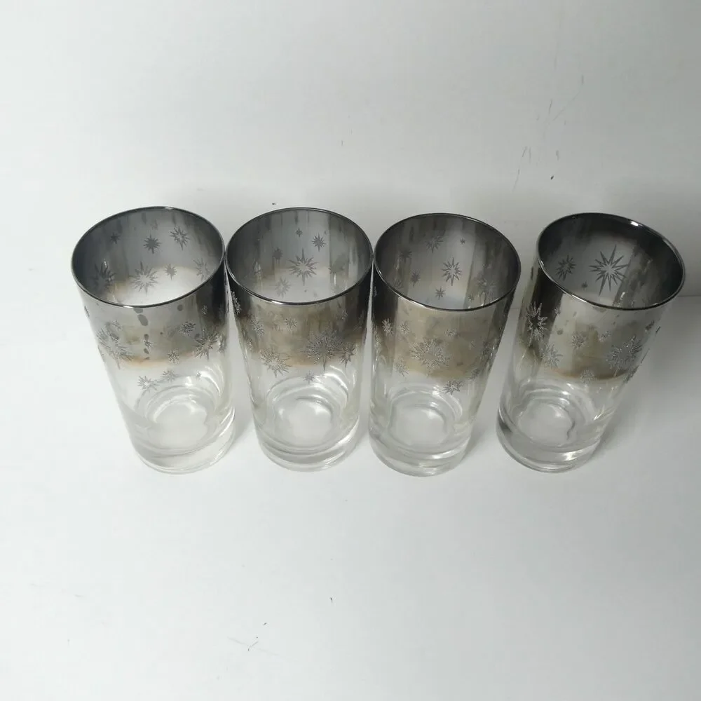 4 Silver Starburst Tumbler Glasses Vitreon Queens 5.5